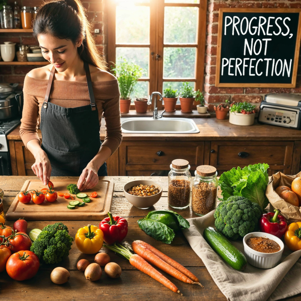 A scene of a person in a cozy kitchen preparing a healthy meal, showing a balanced mix of fresh vegetables, fruits, whole grains, and lean proteins on A scene of a person in a cozy kitchen preparing a healthy meal, showing a balanced mix of fresh vegetables, fruits, whole grains, and lean proteins on